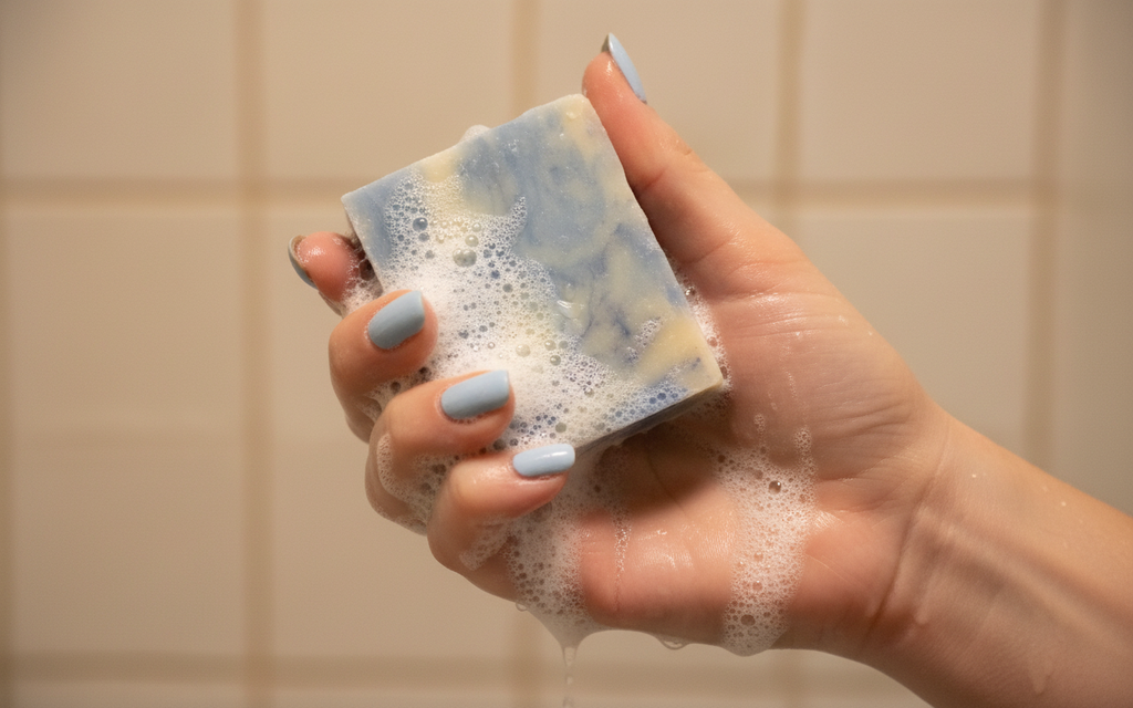 Hand holding a bar of soap with lather against a tiled bathroom background