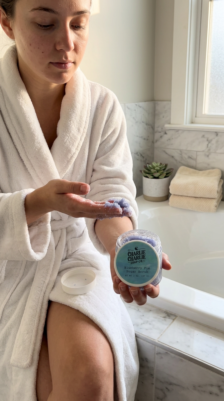 A woman in a white bathrobe sits on a marble bathroom tub ledge, holding a small round jar of purple bath bombs over her hand to show the product. The jar has a light blue label with the brand name 'CRAZY CLOUDS'.