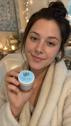 A woman in a white bathrobe holds up a small jar of Charlie Corner skincare cream in a bathroom setting with warm lights in the background.