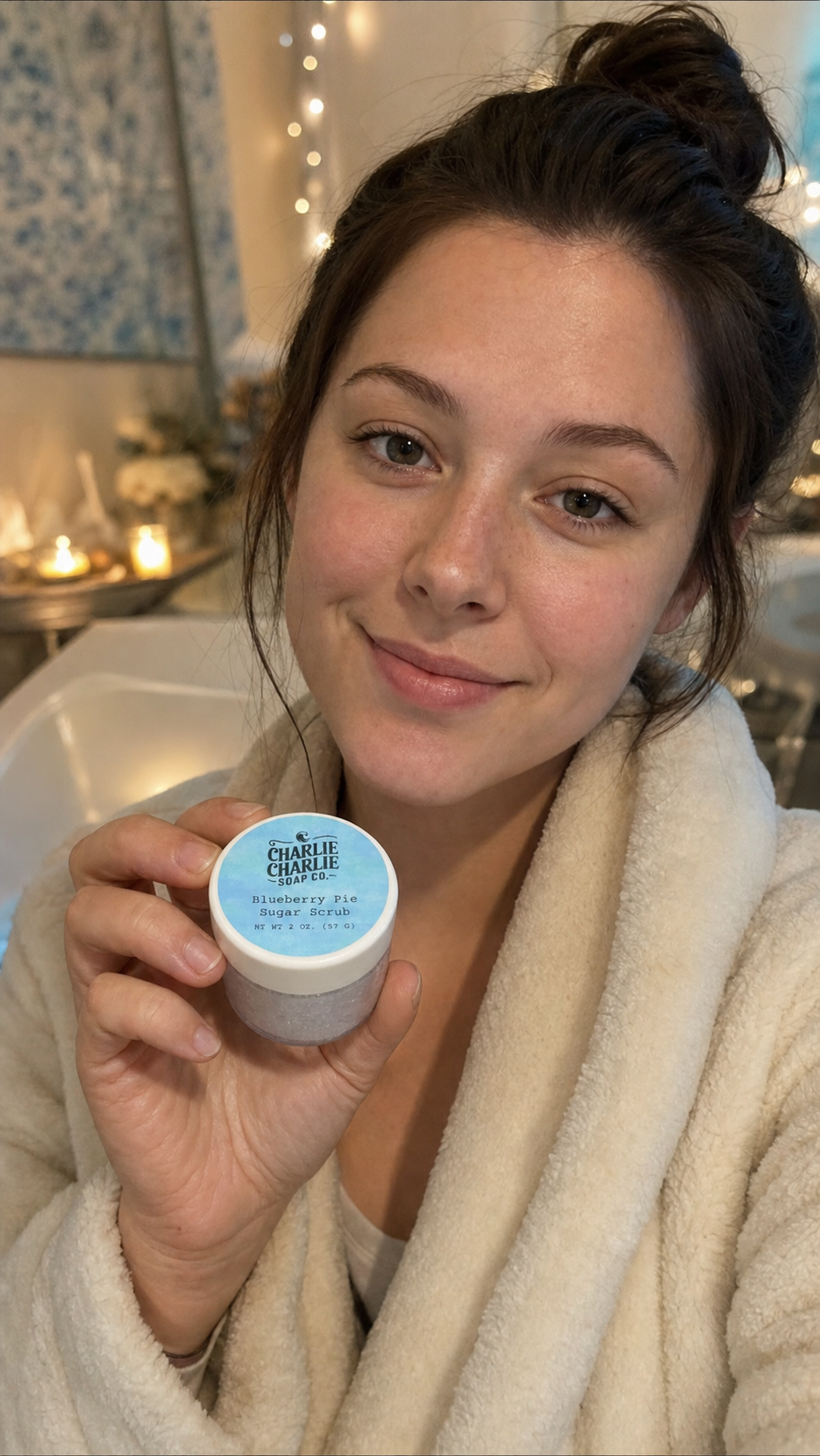 A woman in a white bathrobe holds up a small jar of Charlie Corner skincare cream in a bathroom setting with warm lights in the background.