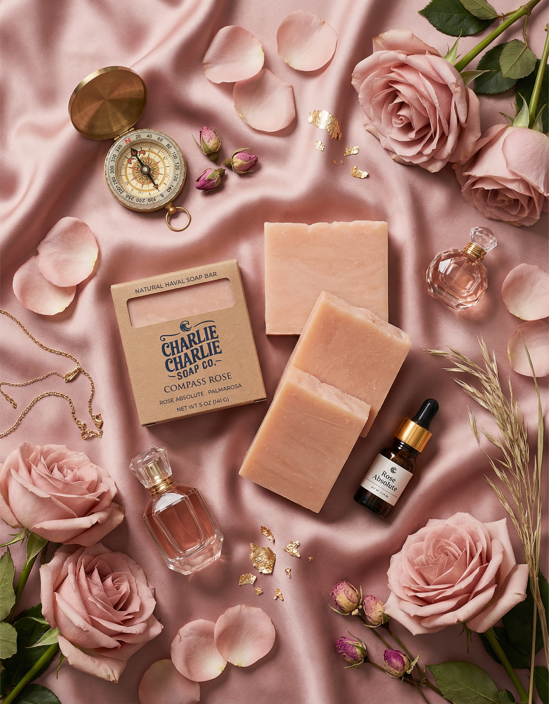 Cosmetic products including soap bars, perfume bottles, and a compass on a pink fabric background with roses.