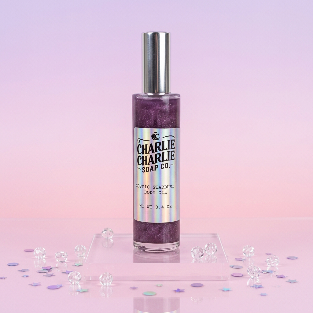 A bottle of Charlie Charlie Soap Co. Classic Starfruit Body Oil with purple glitter liquid inside, set on a clear acrylic stand with scattered decorative crystals against a pink and purple gradient background.