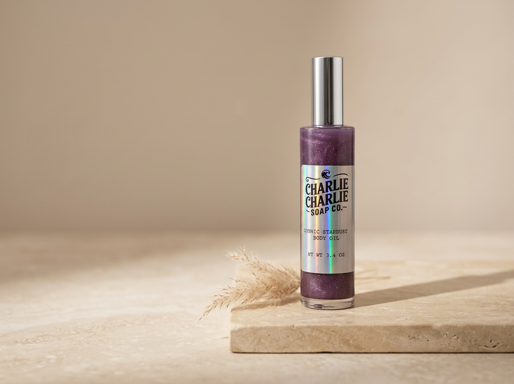 A bottle of Charlie Charlie Soap Co. Cinnamon Hearted Body Gel with a silver cap and a purple gel inside, displayed on a beige stone slab with dried grass against a warm beige background.
