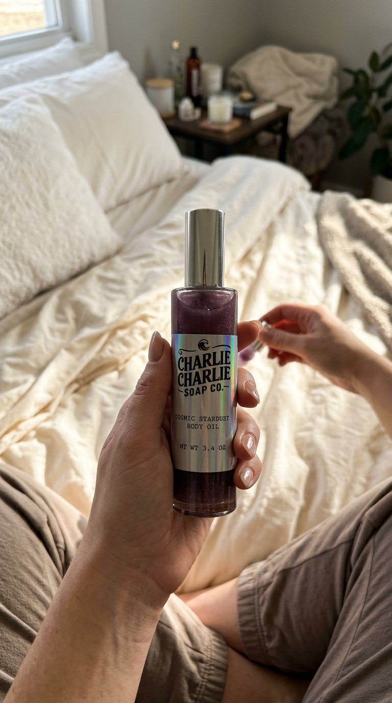 A person holding a bottle of Charlie Charlie Soap Co. Rosemary and Sage Body Oil in a cozy bedroom setting with a bed and bedside table in the background.