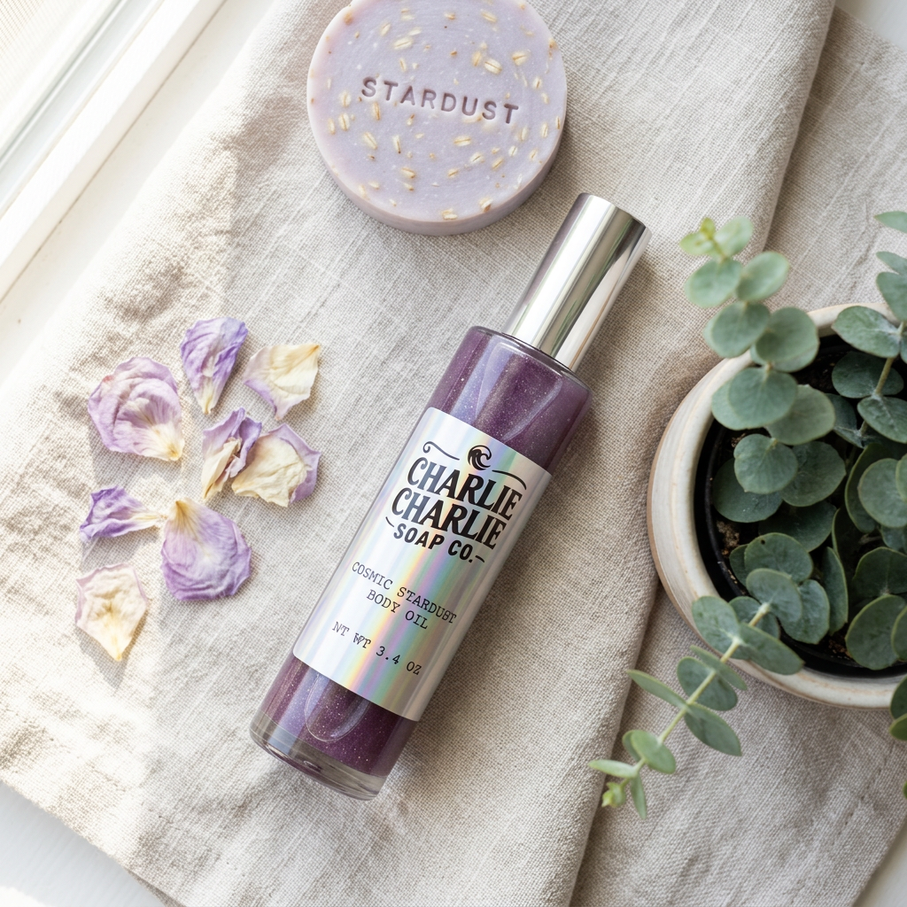 Charlie Charlie Soap Co. Stardust Chemicall Stimulant Body Oil in a clear bottle with a silver cap, styled on a beige linen cloth with dried lavender petals, a round soap bar, and a small potted eucalyptus plant.