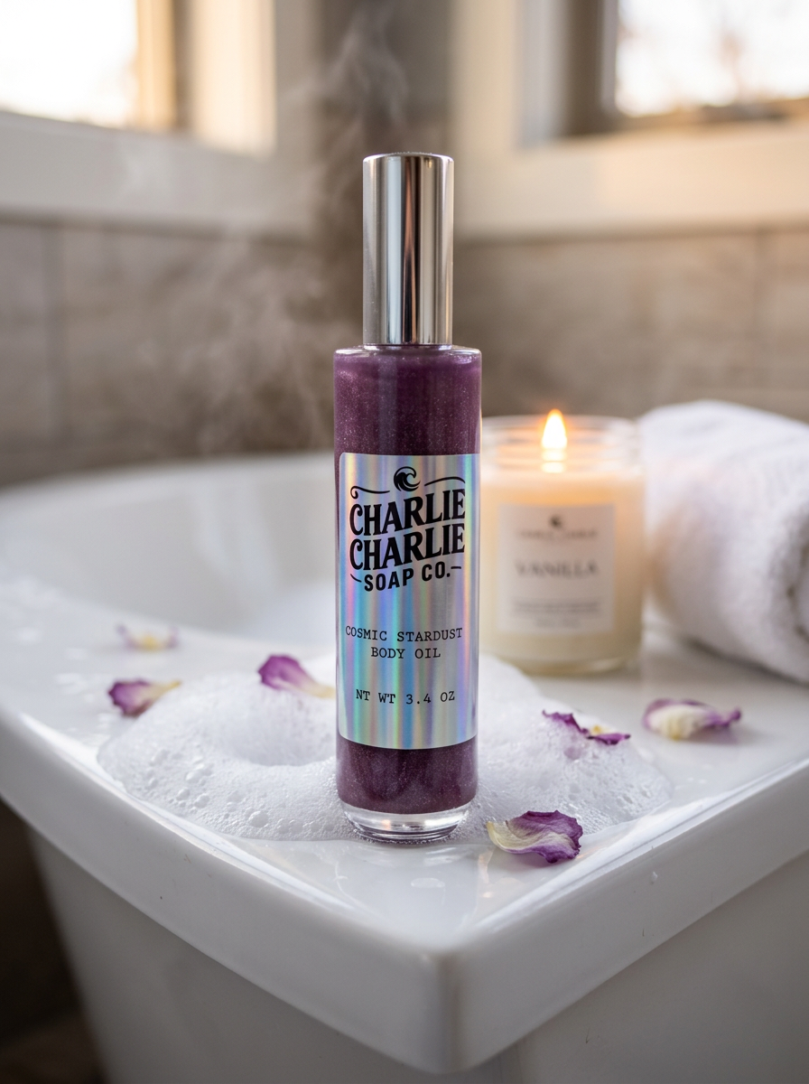 Charlie Charlie Soap Co. Cosmic Stardust Body Oil in a clear bottle with a silver cap, set in a bathroom scene on a white tub with bubbles, rose petals, a lit candle, and a towel.