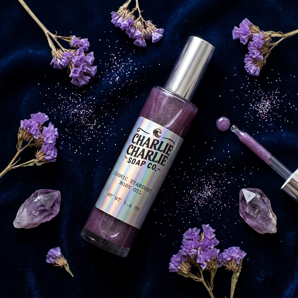 A bottle of Charlie Charlie Soap Co. Cosmic Stardust Body Oil surrounded by purple dried flowers, crystals, and a dropper on a dark navy velvet background.
