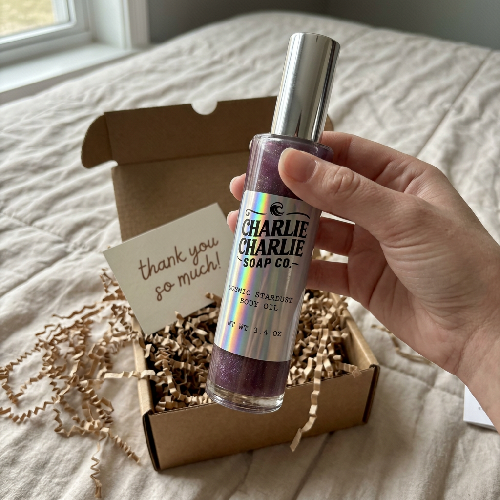 A hand holds a bottle of Charlie Charlie Soap Co. Cosmic Stardust Body Oil, which contains purple glitter, in front of its open cardboard gift box on a beige bedsheet.