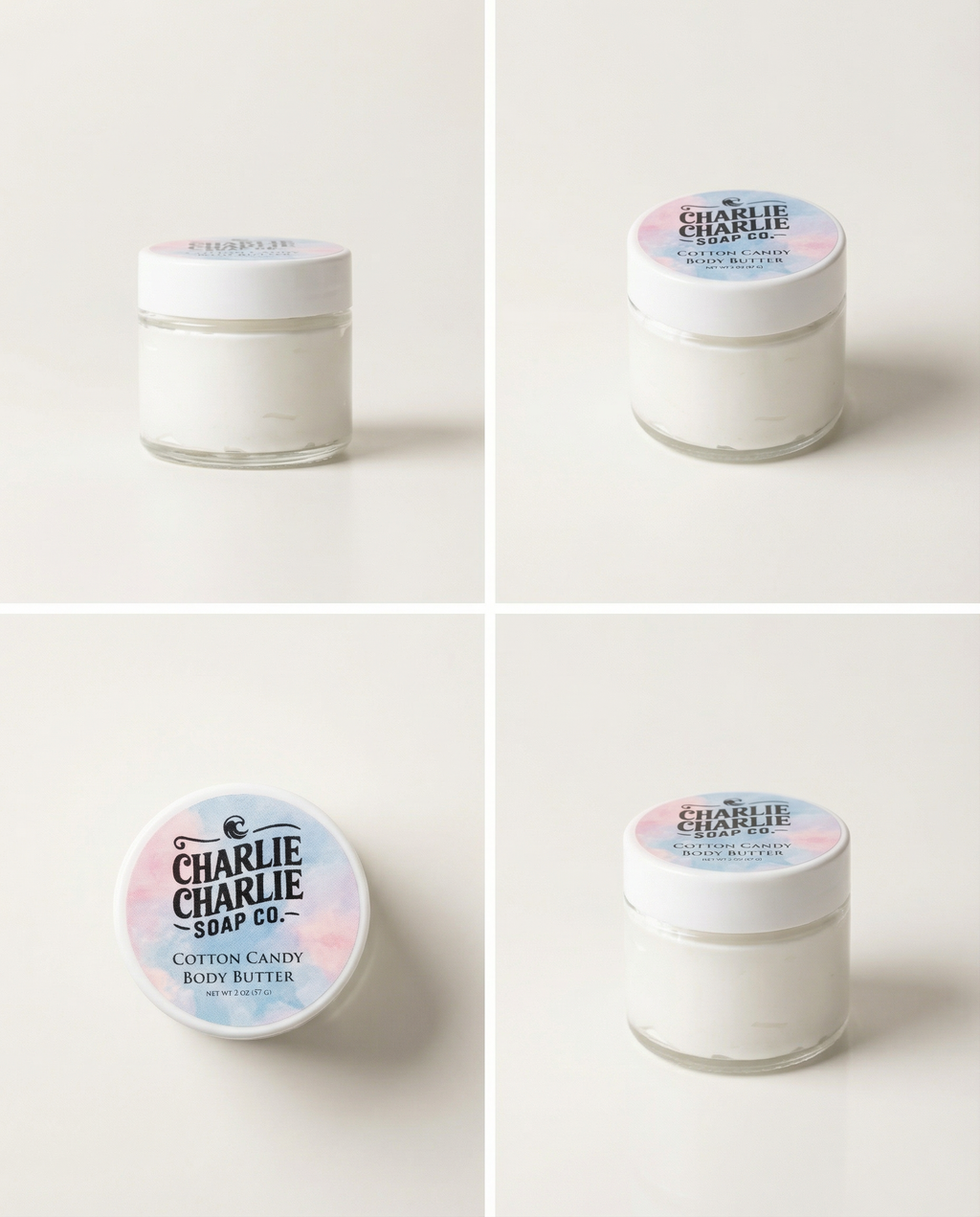 Four different angles of a jar of cotton candy body butter from Charlie Charlie Soap Co.