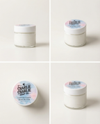 Four different angles of a jar of cotton candy body butter from Charlie Charlie Soap Co.