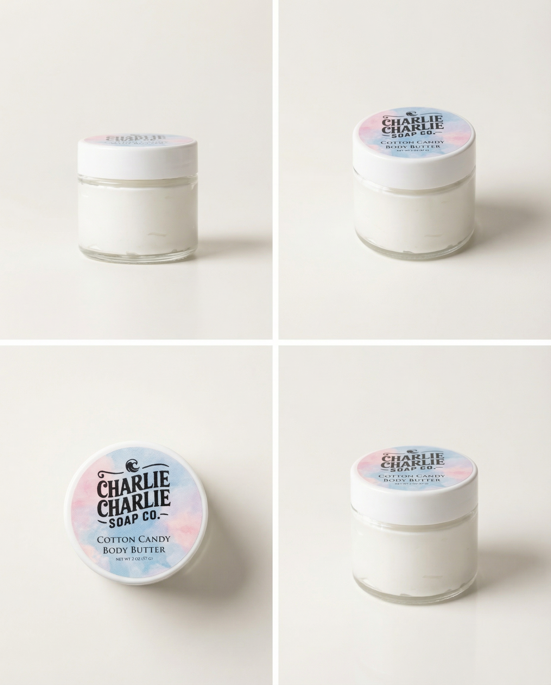 Four different angles of a jar of cotton candy body butter from Charlie Charlie Soap Co.