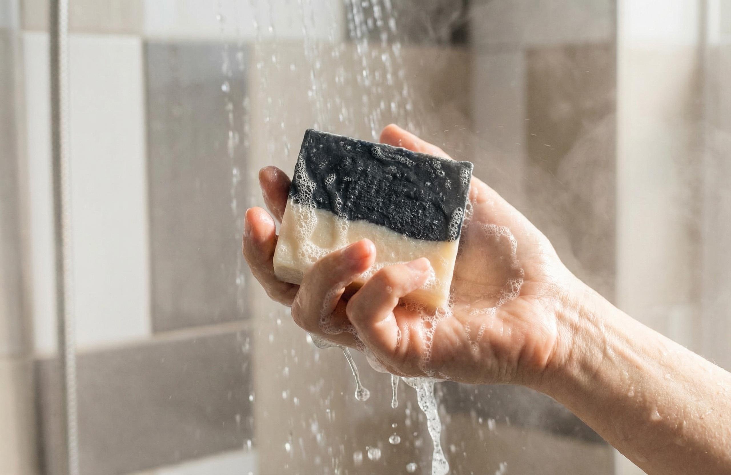 Hand holding a bar of soap under running water in a shower setting