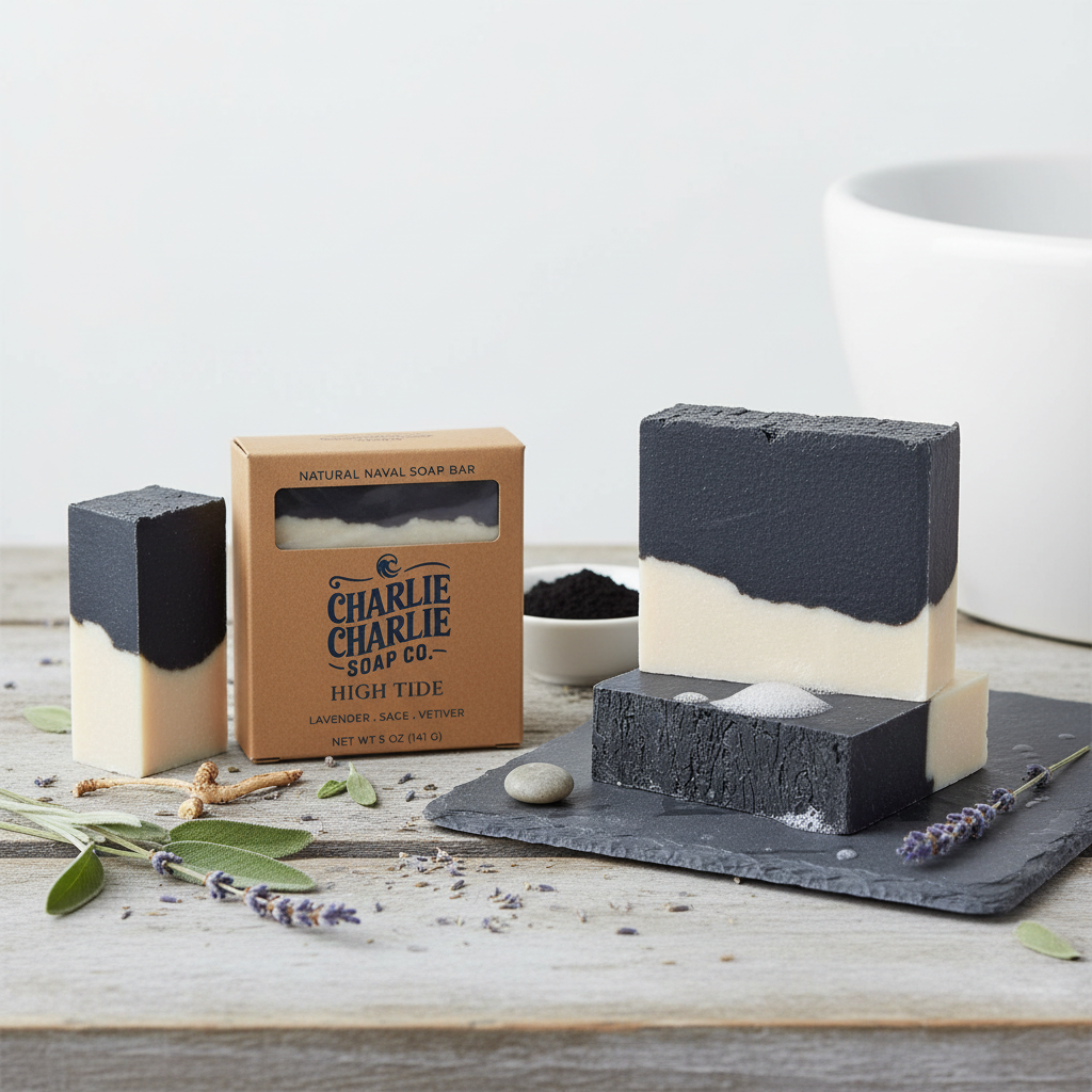 Two bars of black and white soap with a box labeled 'Charlie Soap Co.' on a wooden surface.