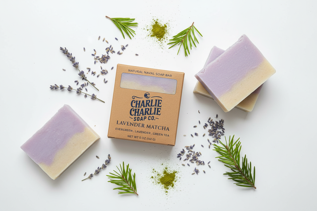 Two bars of lavender soap with a box labeled 'Charlie Charlie Soap Co.' on a white background with lavender and green leaves.