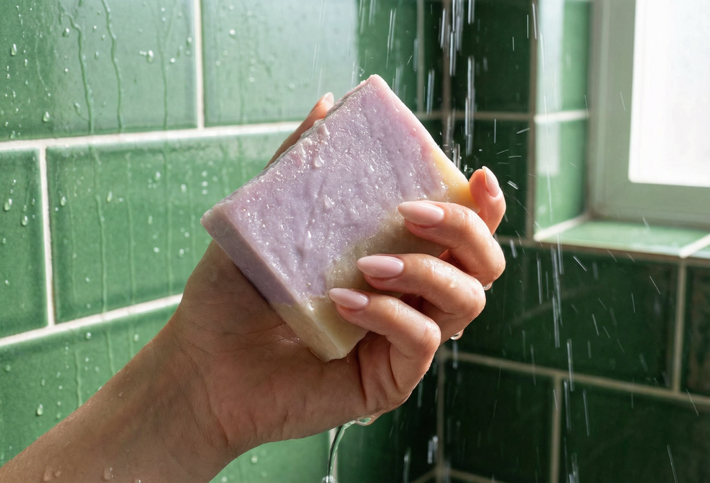 Hand holding a bar of soap under running water in a shower with green tiles.