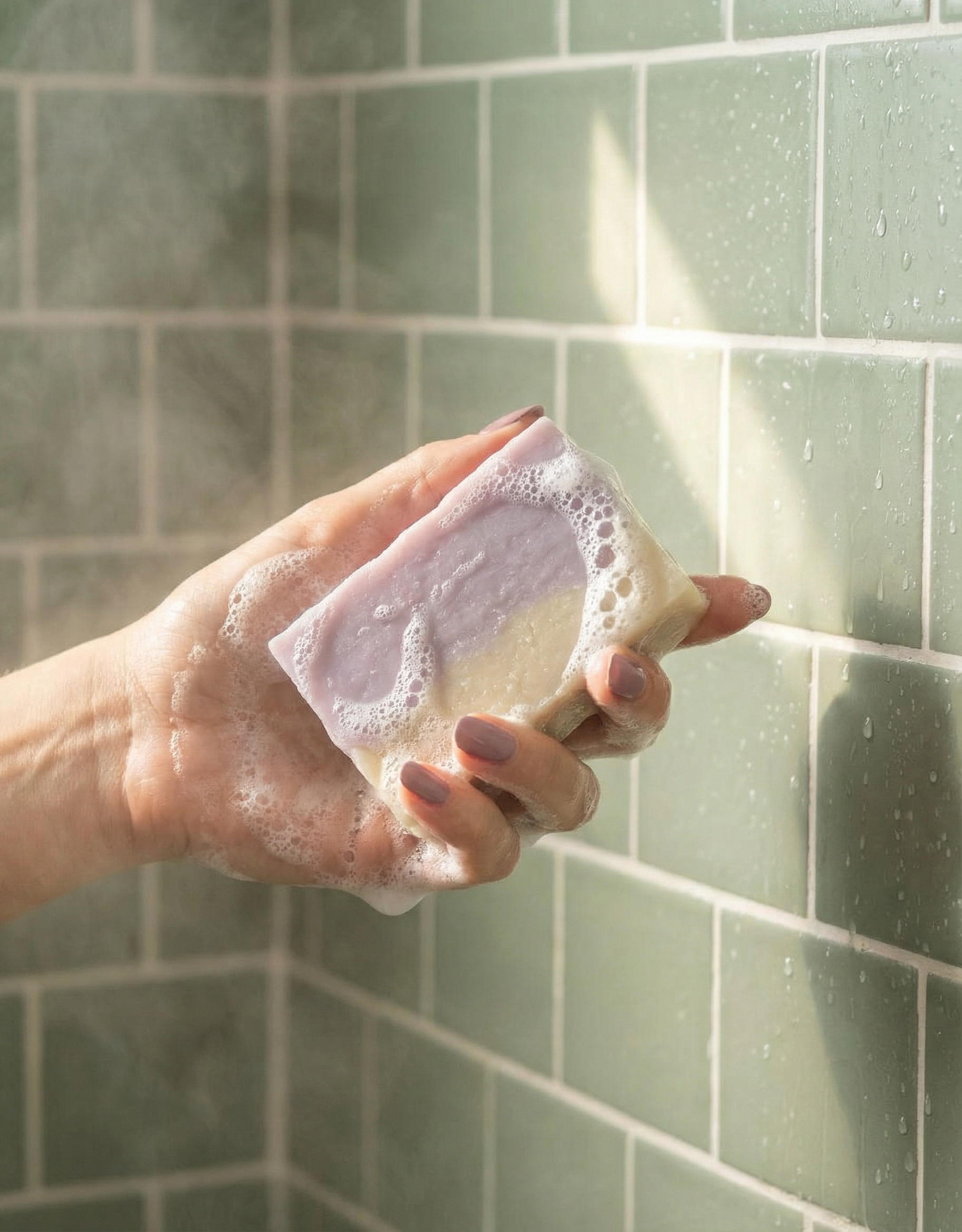 Hand holding a bar of soap against a tiled bathroom wall