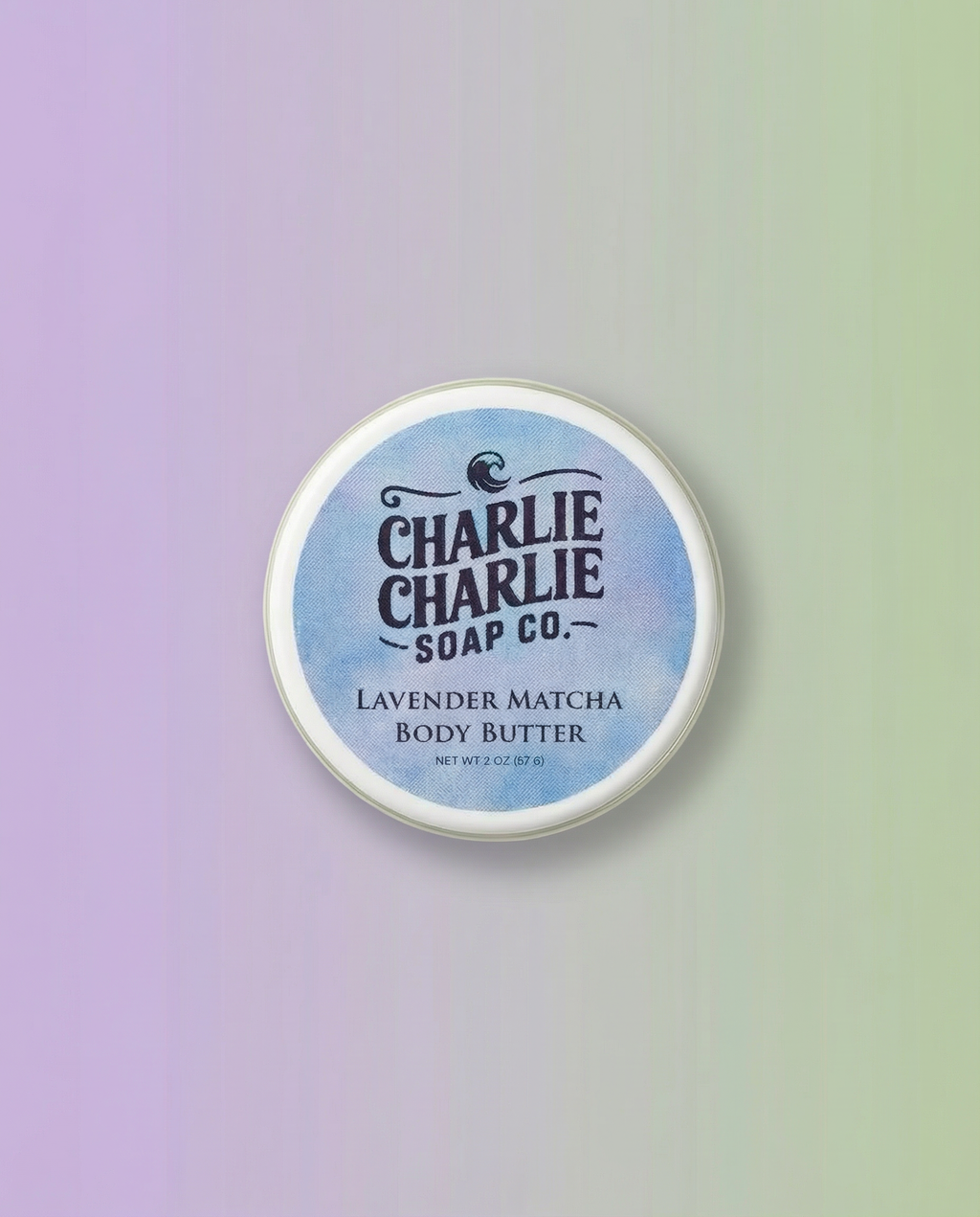 Body butter container with 'Charlie Charlie Soap Co.' label on a gradient background