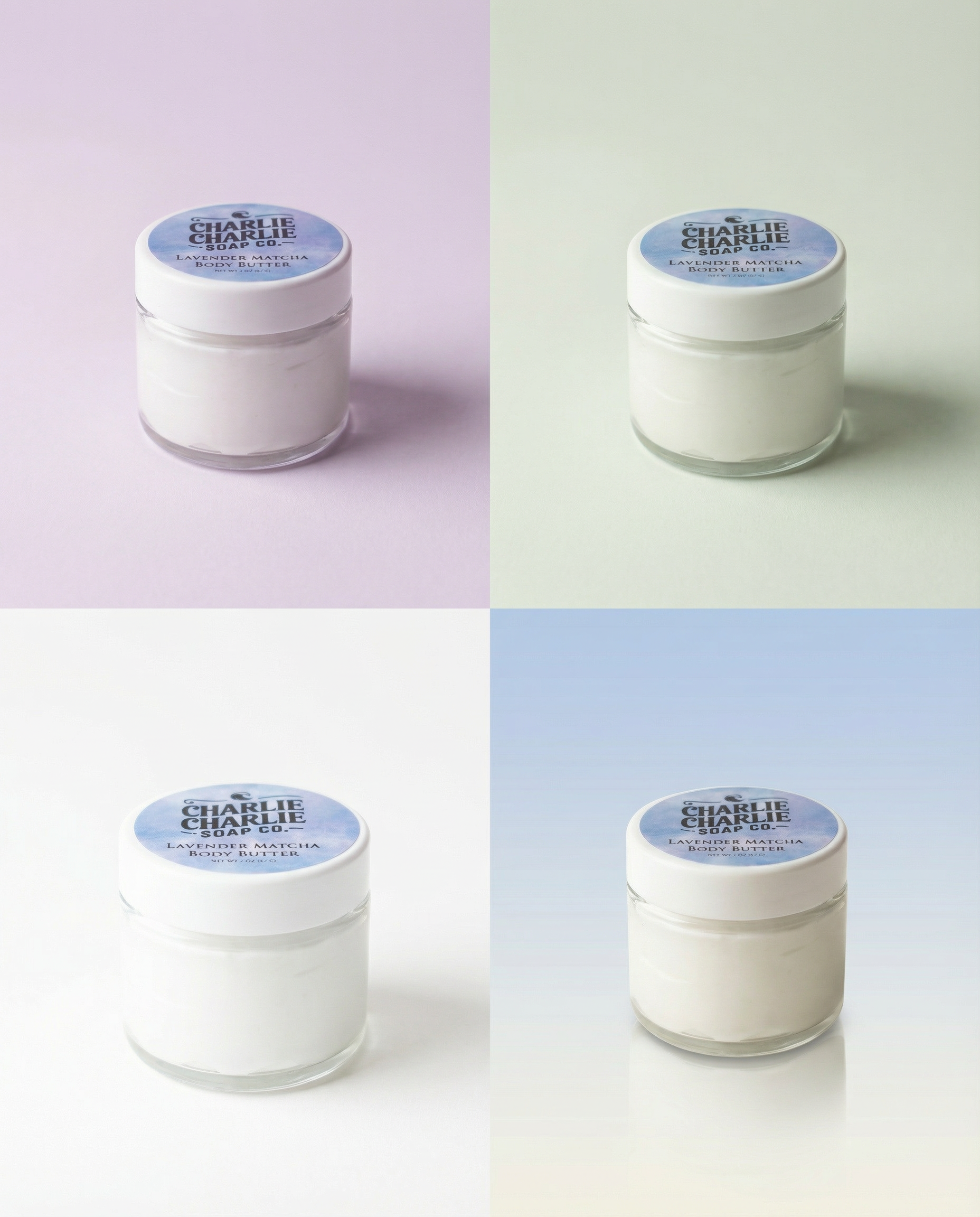 Four containers of Charlie Charlie cream on a gradient background