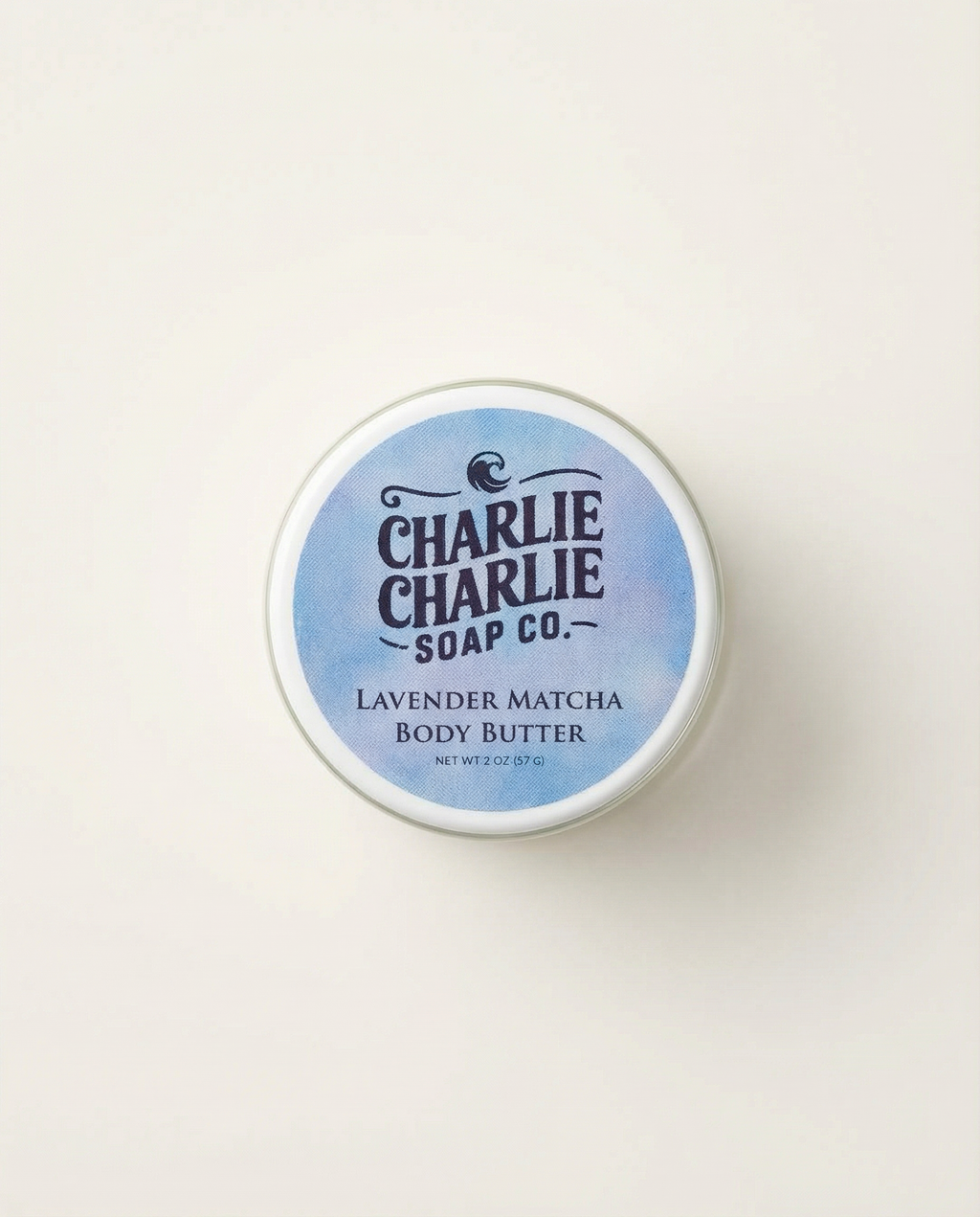 Jar of Charlie Charlie Soap Co. Lavender Matcha body butter on a white background