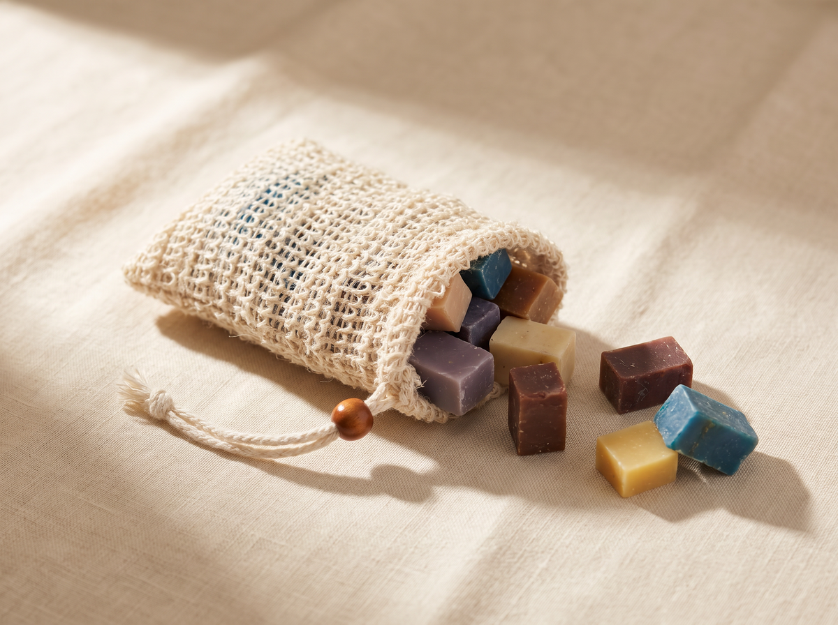 A small woven beige drawstring pouch filled with colorful rectangular bars, with several bars spilling out beside it on a warm cream fabric background.