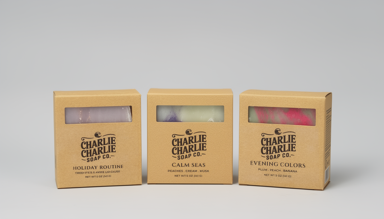 Three boxes of Charlie Charlie Soap Co. on a gray background