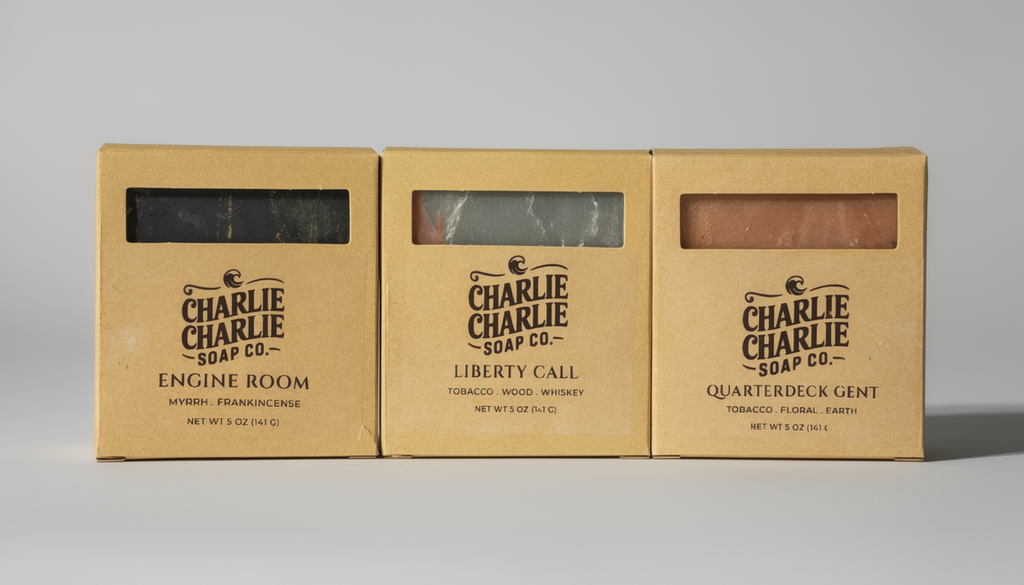 Three packages of Charlie Charlie Soap Co. soap on a gray background