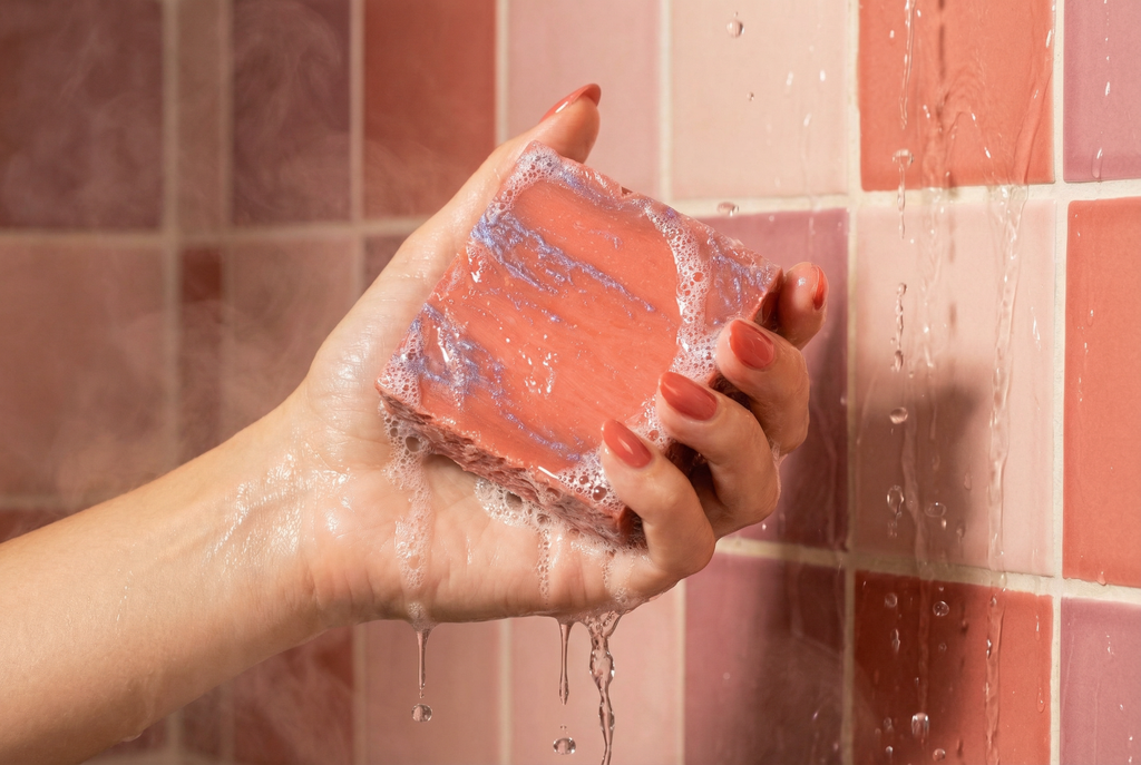 Hand holding a bar of soap with water droplets against a tiled bathroom wall.