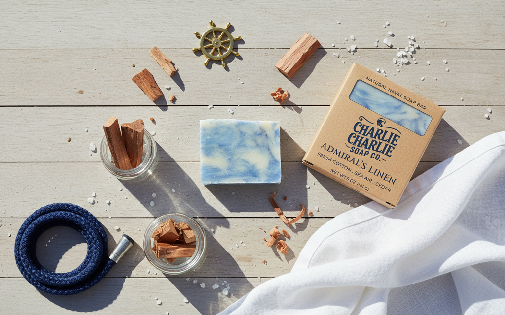 Bar of soap with packaging on a wooden surface with decorative items