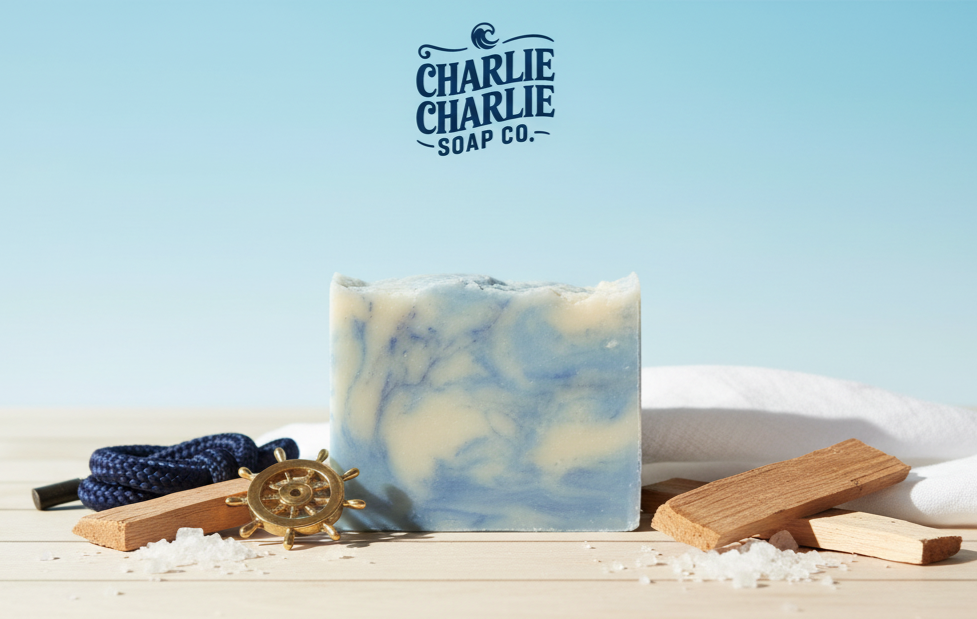 Bar of soap with decorative elements on a light blue background, featuring 'Charlie Charlie Soap Co.'