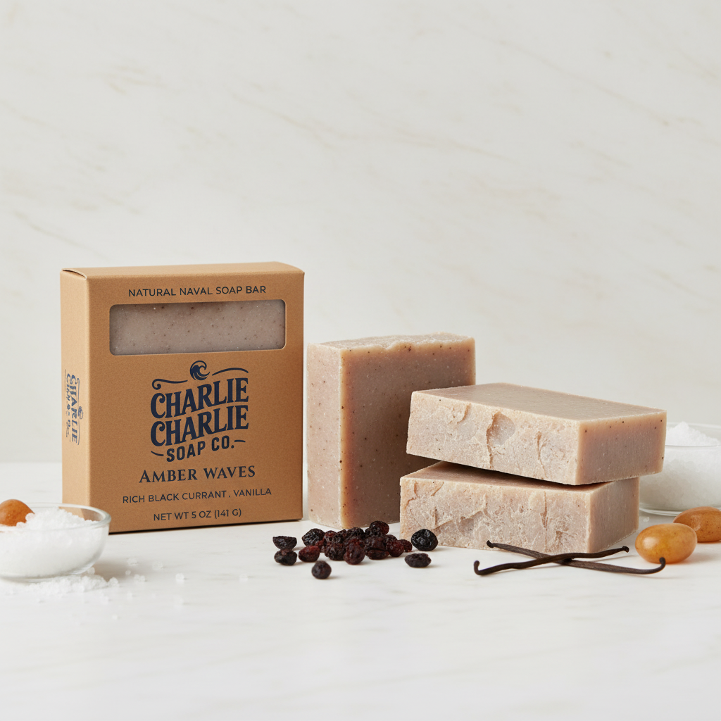 Three bars of soap with a 'Charlie Charlie Soap Co' packaging on a white background