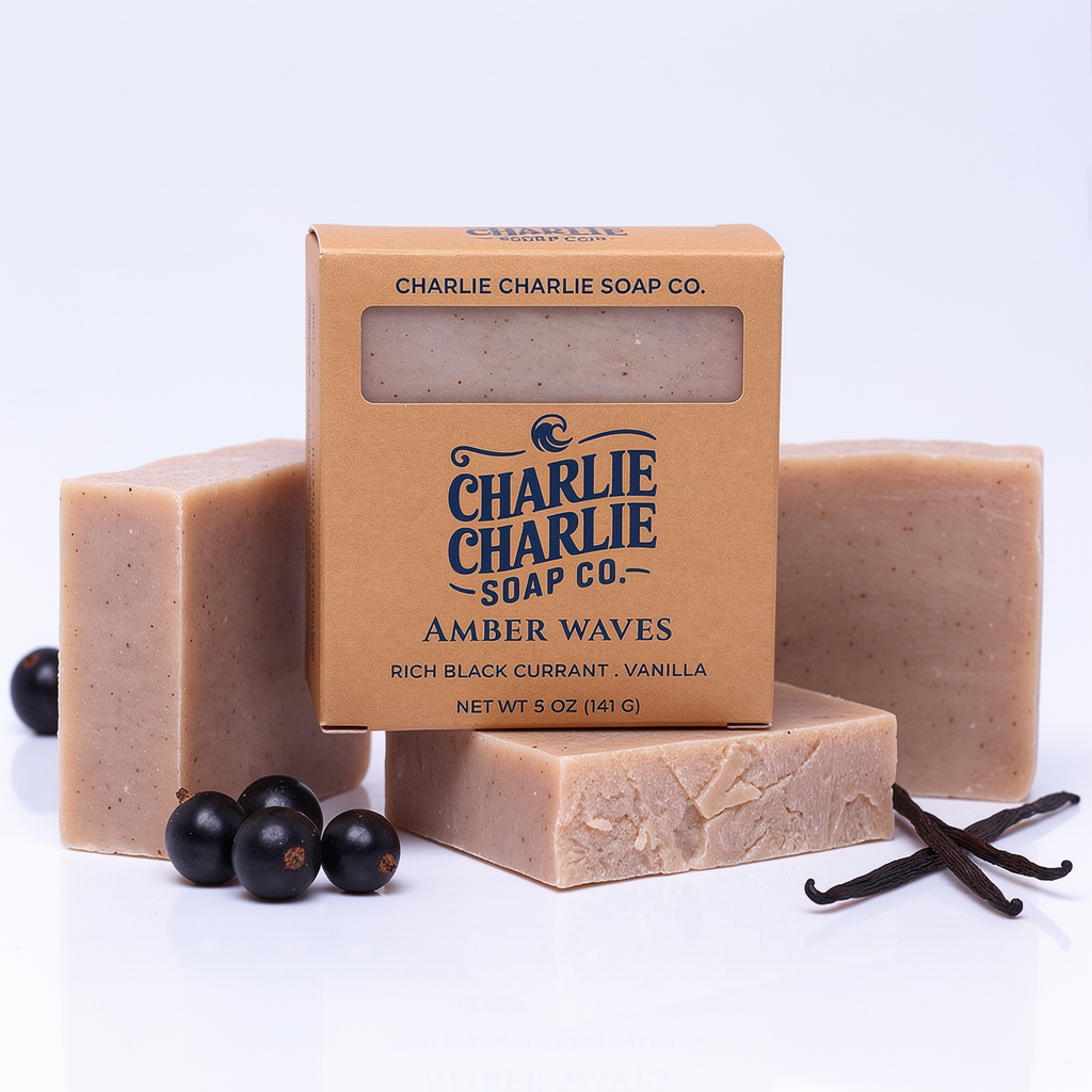 Charlie Charlie Soap Co. amber waves soap with packaging and black currants on a white background