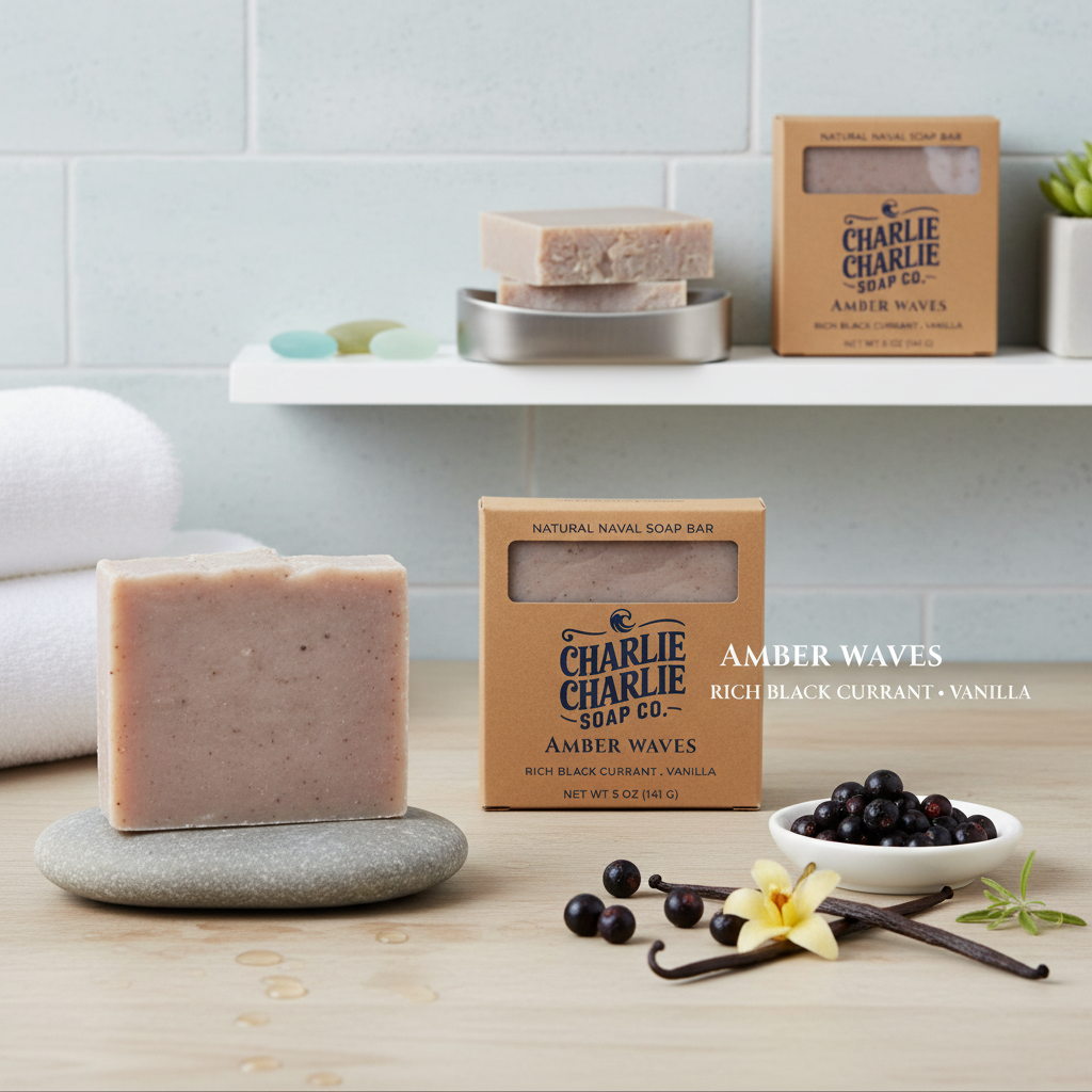 Charlie Charlie Soap Co. amber waves soap on a wooden surface with packaging and ingredients.