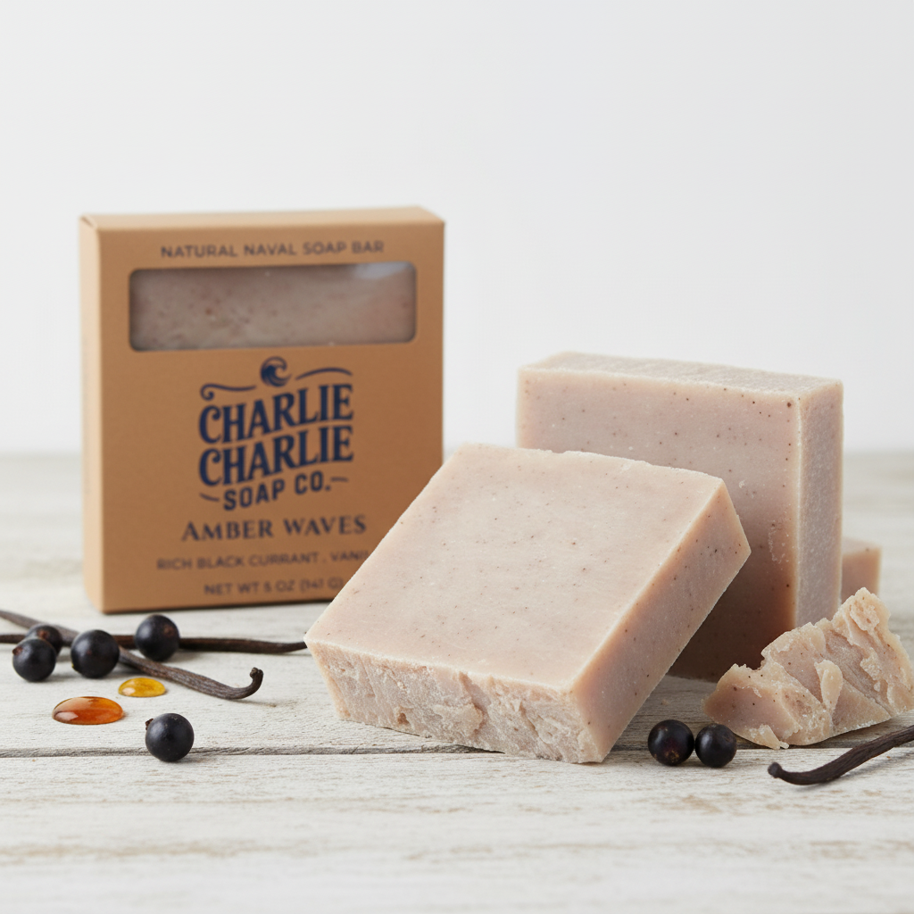 Two bars of soap with a box labeled 'Charlie Charlie Soap Co.' on a light background.
