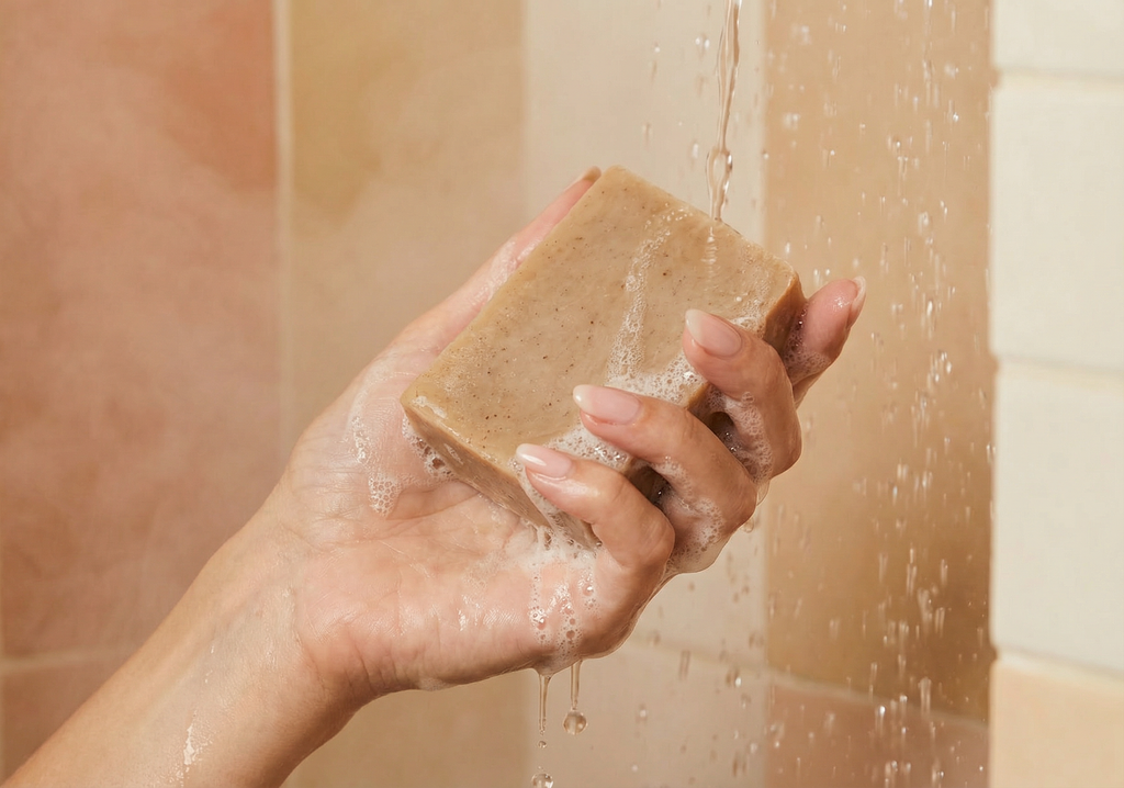 Hand holding a bar of soap under running water in a shower setting