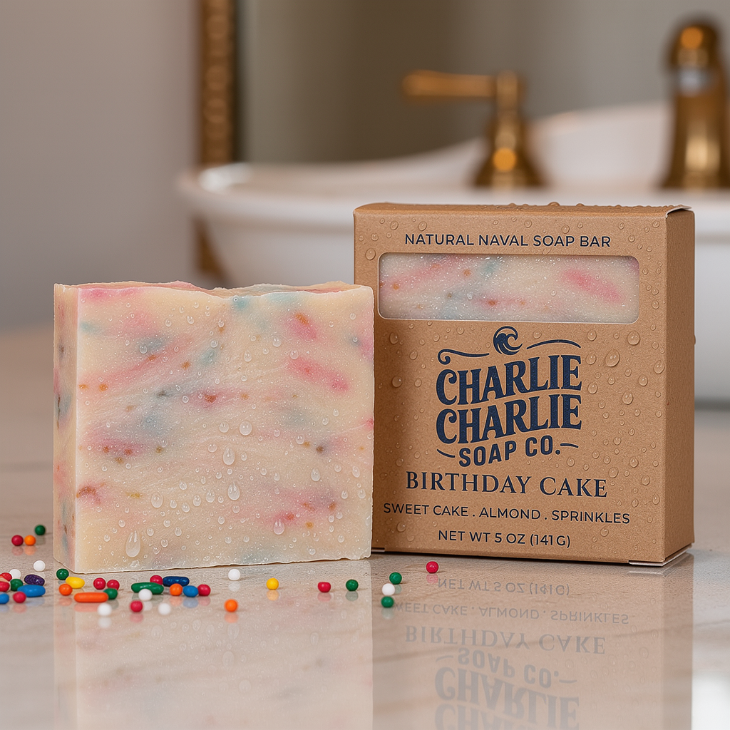 Birthday cake soap bar with packaging on a bathroom counter