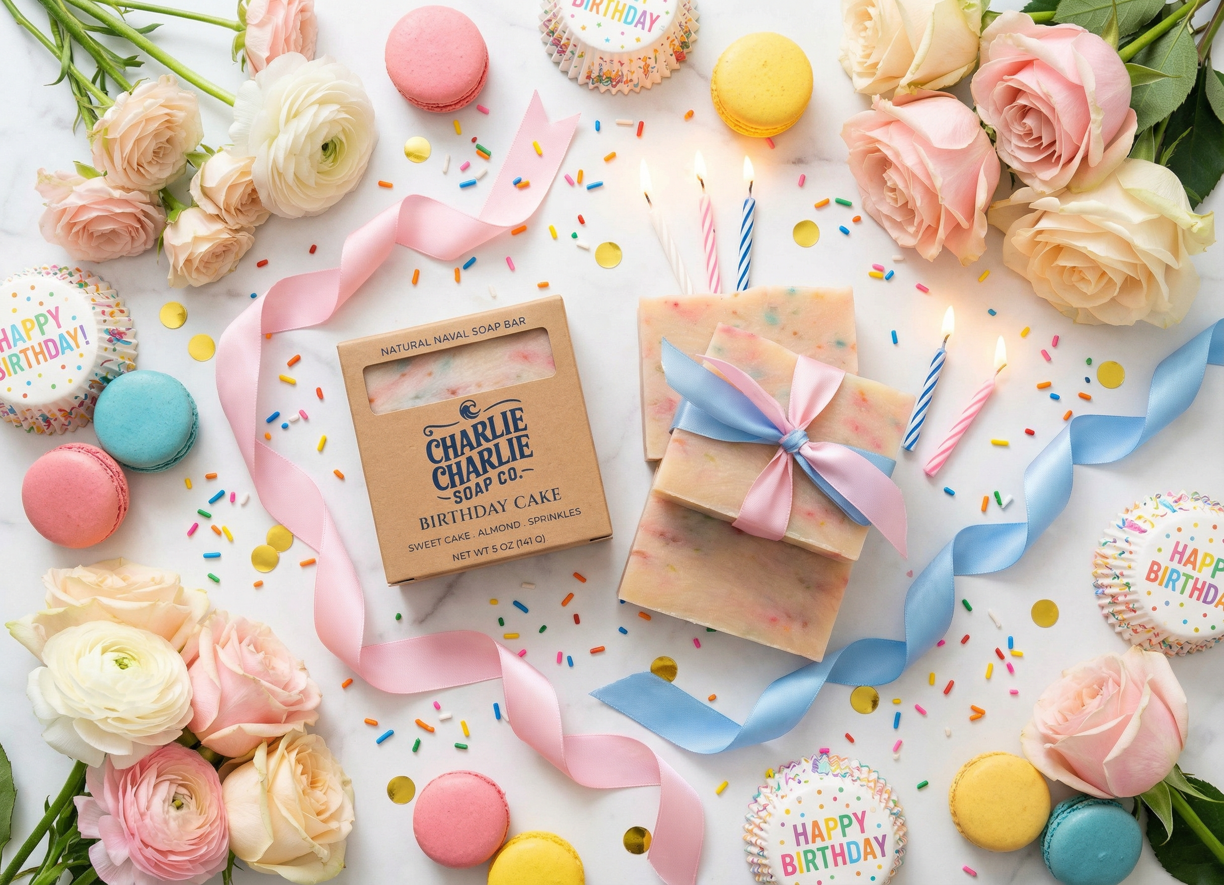 Birthday-themed soap bars with ribbons, candles, and flowers on a white surface.
