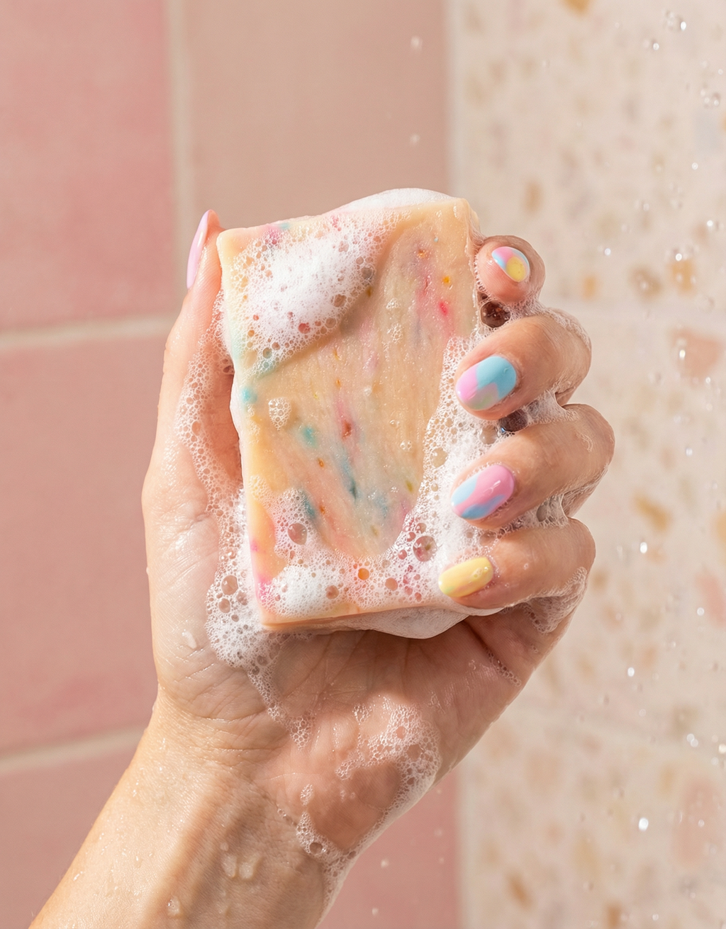 Hand holding a colorful soap bar with bubbles against a pink tiled wall.