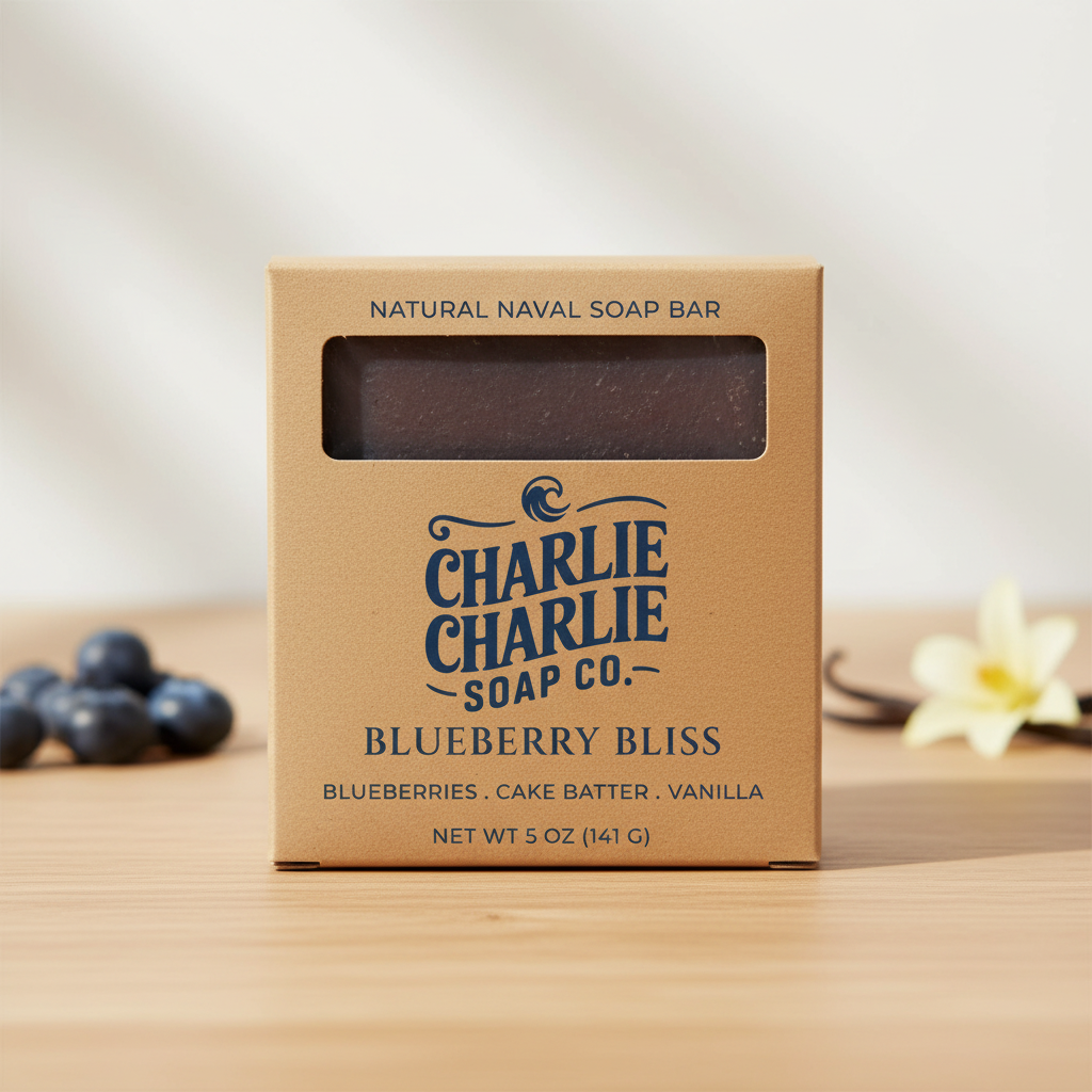 Charlie Charlie Soap Co. Blueberry Bliss soap bar in a cardboard box on a wooden surface with blueberries and vanilla flowers.