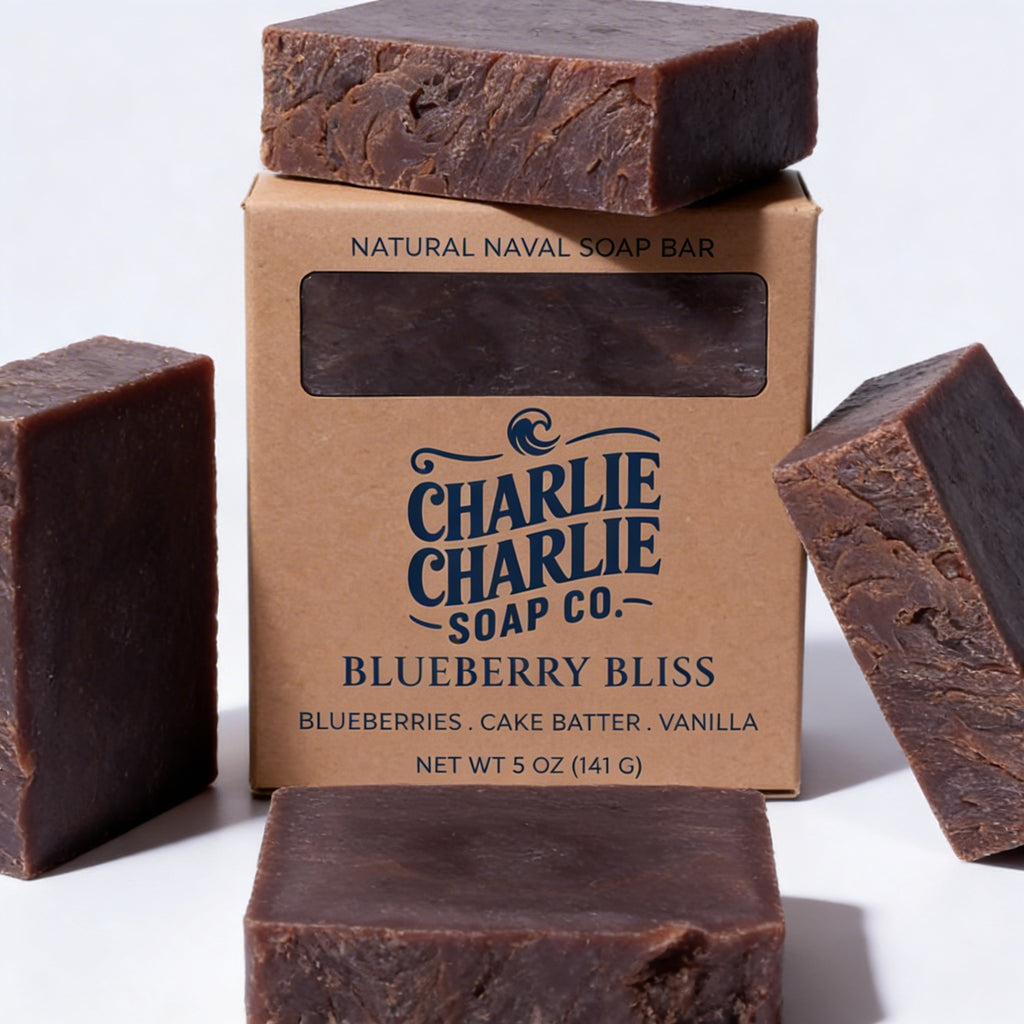 Brown soap bars with 'Charlie Charlie Soap Co.' packaging on a white background