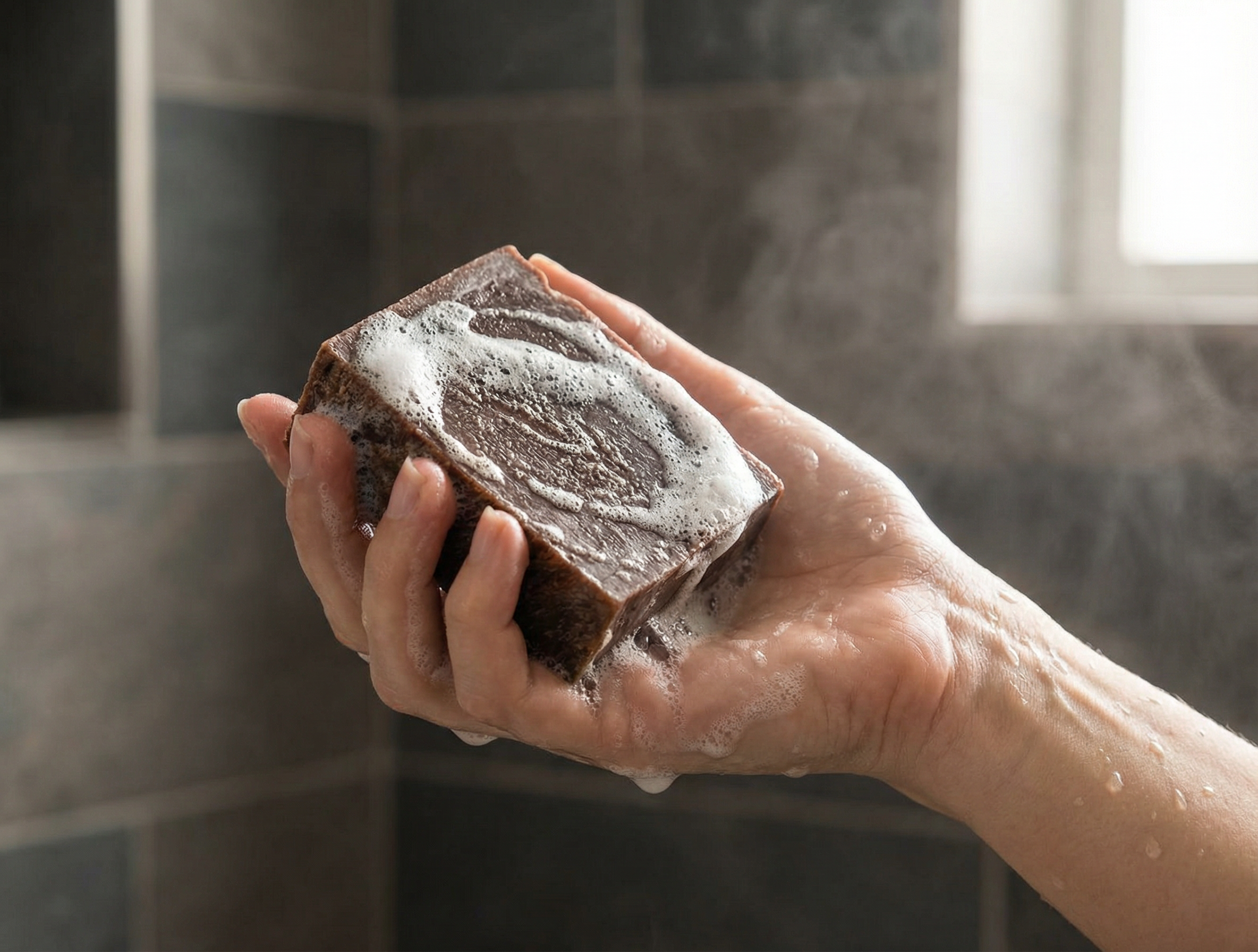 Hand holding a bar of soap with a tiled bathroom background
