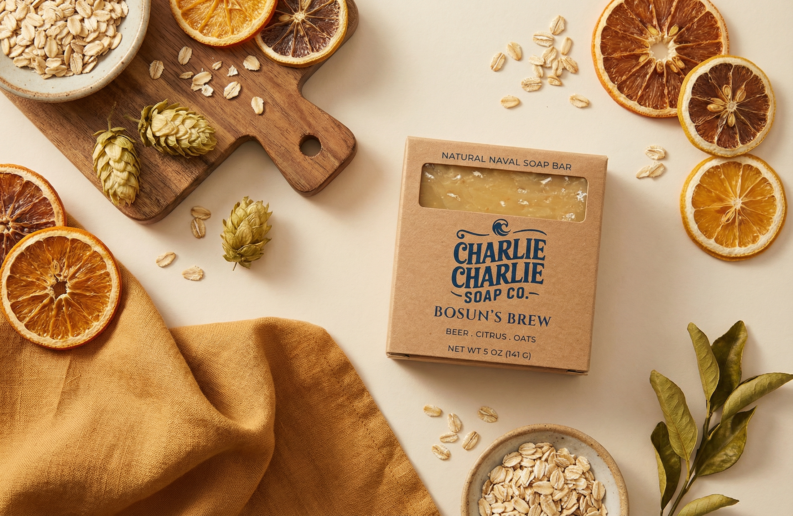 Charlie Charlie Soap Co. bar of soap with ingredients on a light background