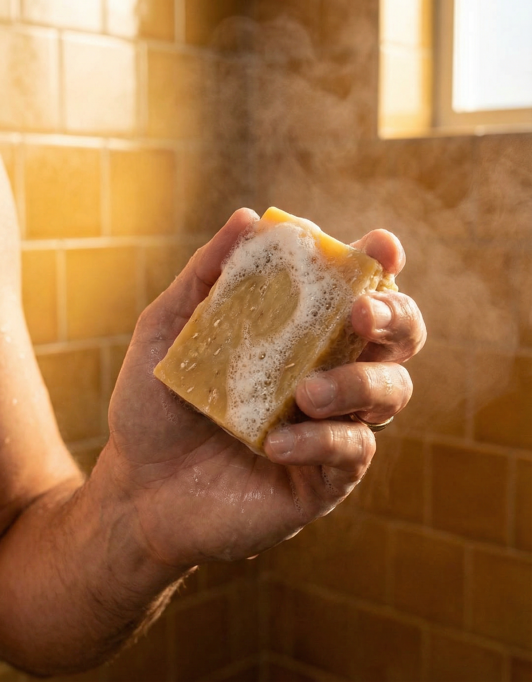 Hand holding a bar of soap with steam in a bathroom setting