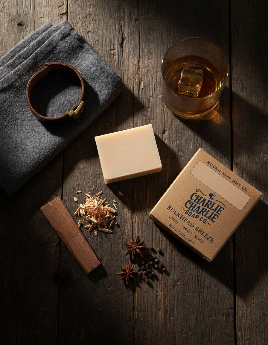Bar of soap, wooden box, and glass of whiskey on a wooden surface
