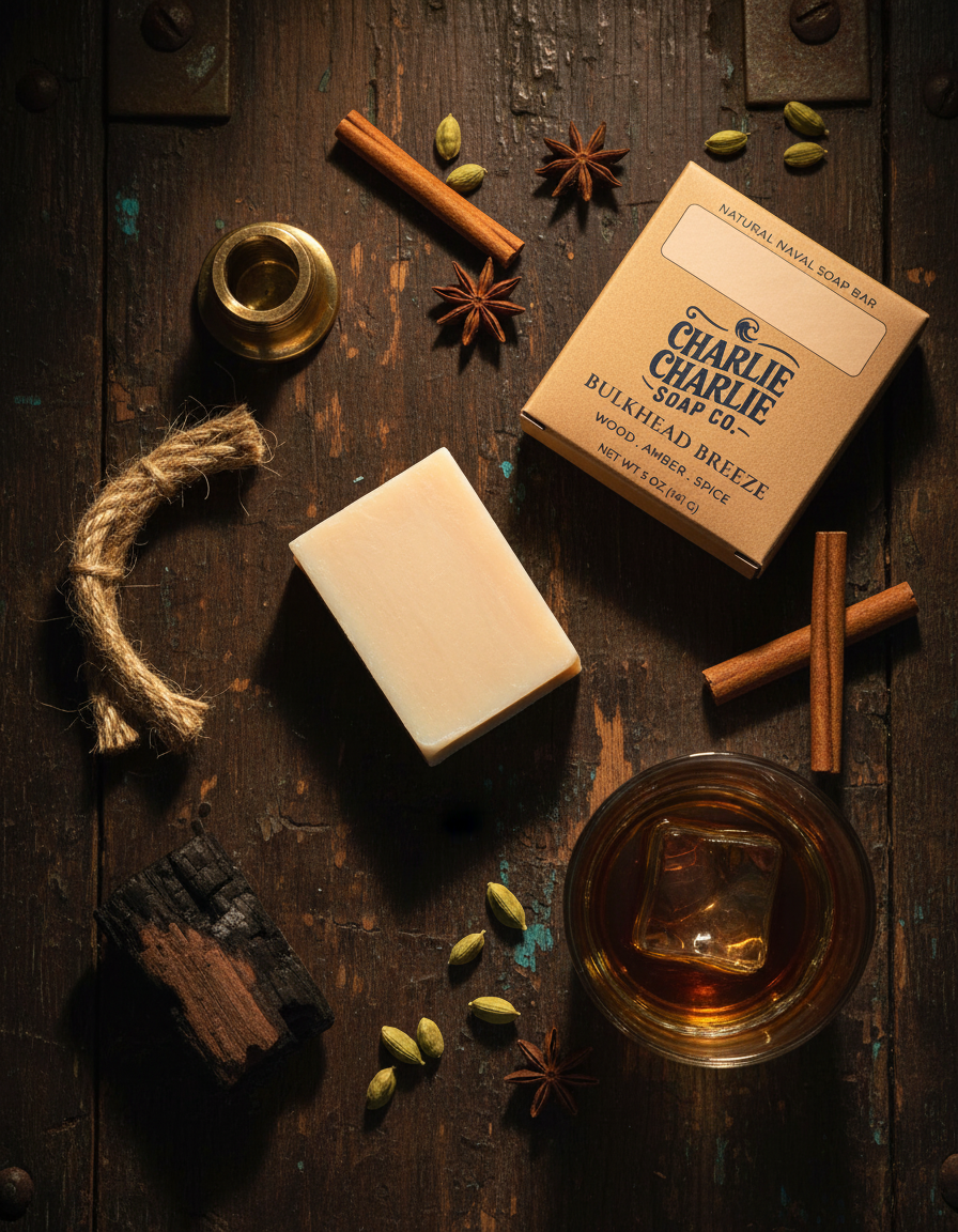 Bar of soap with 'Charlie Charlie Soap Co' packaging on a wooden surface with cinnamon sticks and a glass of whiskey.