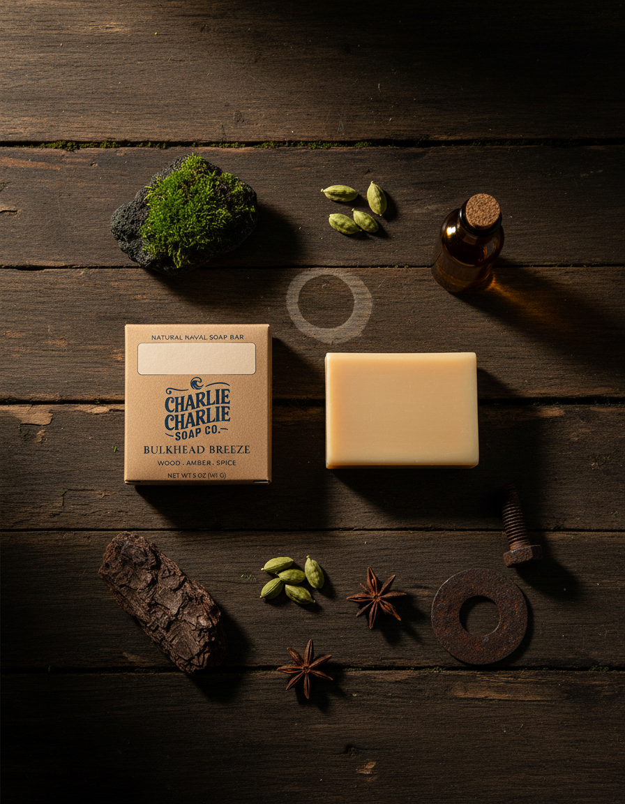 Bar of soap with packaging on a wooden surface, surrounded by natural elements.