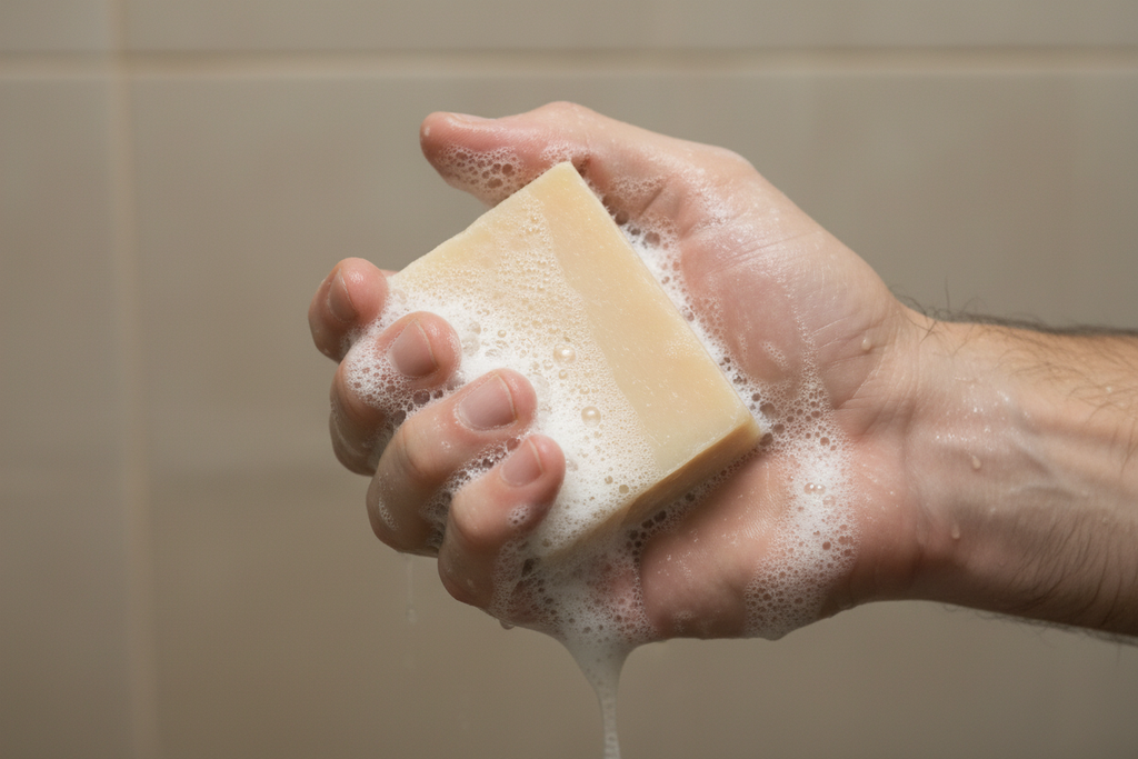 Hand holding a bar of soap with suds against a tiled wall background
