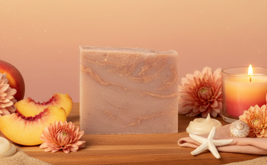 Transparent soap bar on a wooden surface with peaches, flowers, and a candle in the background.