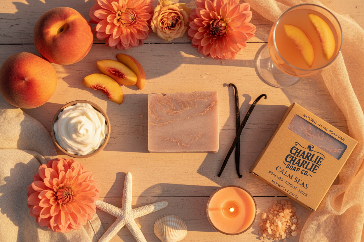 Table setting with peaches, flowers, soap, and a glass of iced tea on a wooden surface.