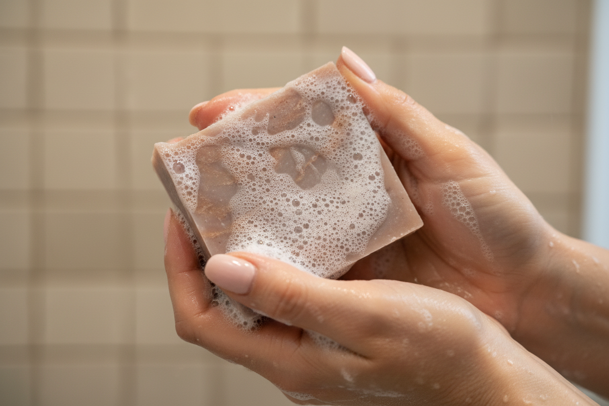 Hand holding a sudsy bar of soap against a tiled bathroom wall.