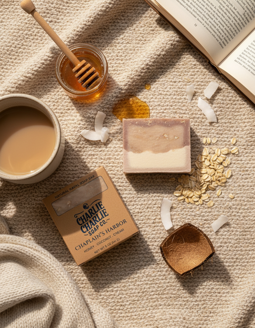 Bar of soap with packaging, honey, and a book on a textured surface